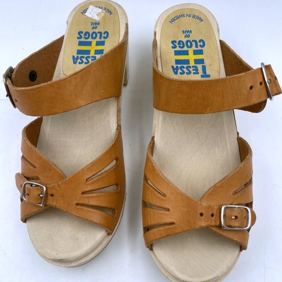 Tessa Clogs of Vail 6.5 M Tan Brown Leather Wood Sandals Made in Sweden EU 37 - Picture 4 of 13